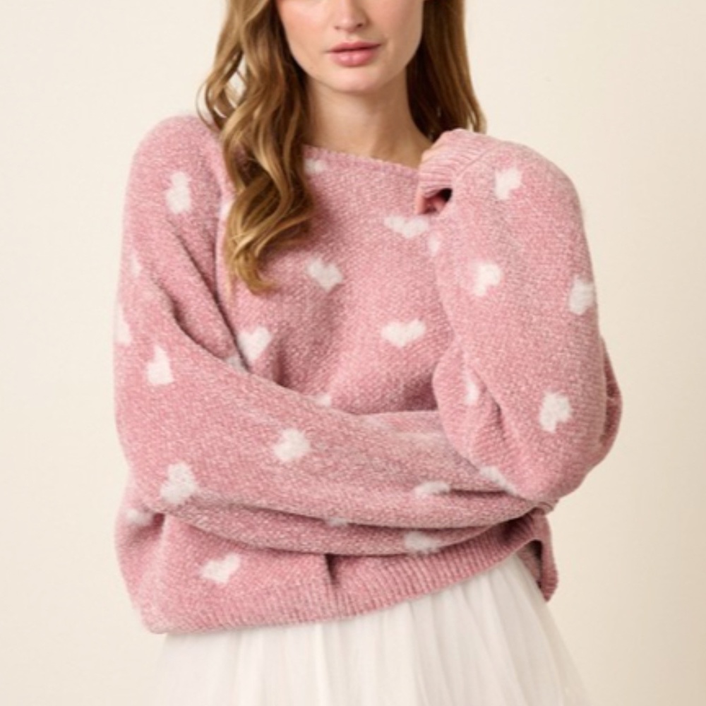 SOLD OUT Pink Blush Heart Print Valentines Day Knit Chinchilla Knit Sweater - Picture 1 of 6